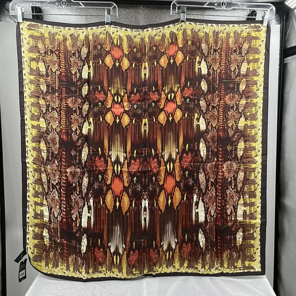 NWT Nicole Miller Oversized Brown Red Golden Yellow 100% Silk Scarf